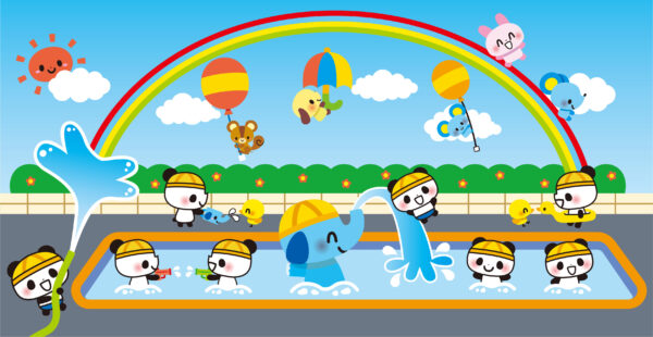 子供たちが楽しくプールで遊ぶイラスト